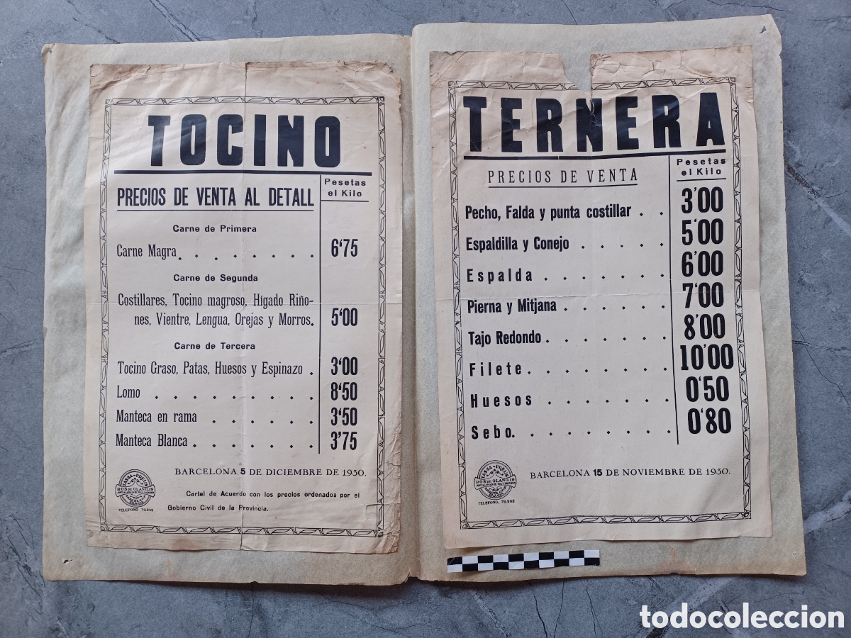 Coleccionismo de carteles: Cartel lista de precios de carne, Barcelona 1930.