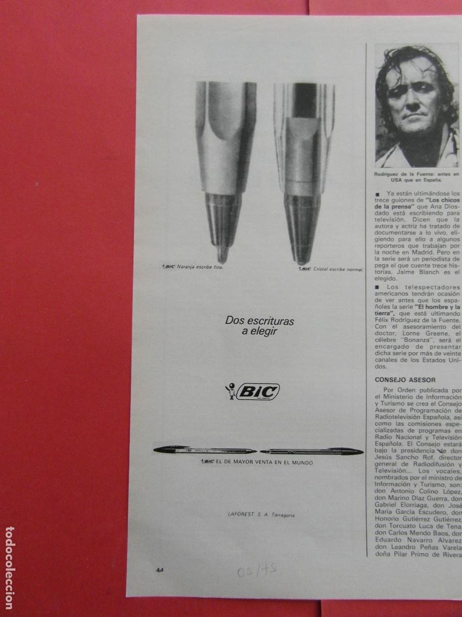 Poster collecting: PUBLICIDAD 1975 - BOLIGRAFO BIC DOS ESCRITURAS A ELEGIR FINO NORMAL - FELIX RODRIGUEZ FUENTE EL HOMB