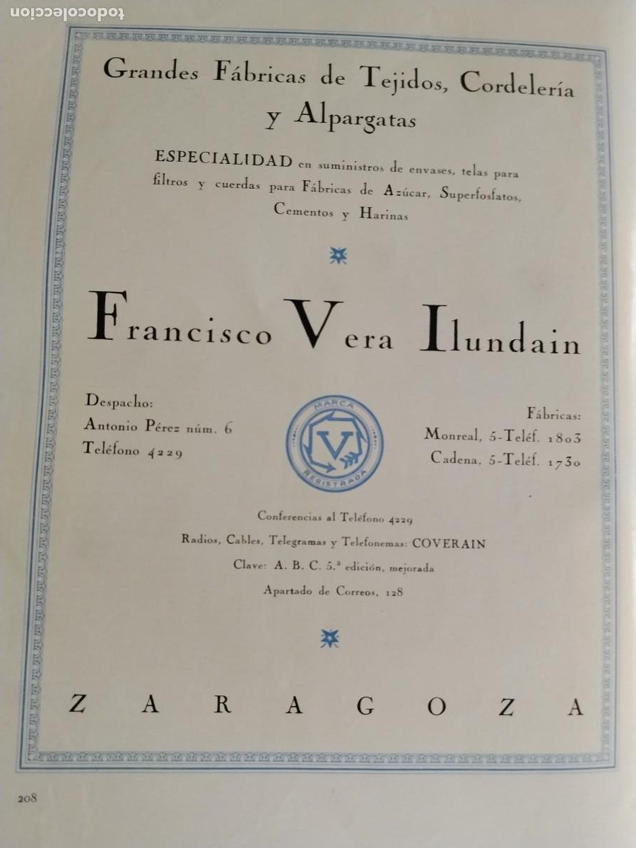 Coleccionismo de carteles: GRANDES FABRICAS TEJIDOS CORDELERIA Y ALPARGATAS FRANCISCO VERA ILUNDAIN ZARAGOZA HOJA 1931-1932