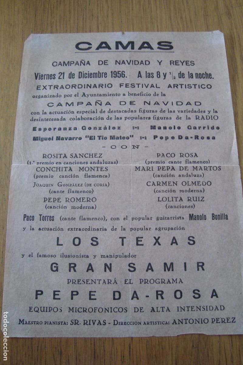 Coleccionismo de carteles: FESTIVAL ARTISTICO CAMAS SEVILLA 1956. ROSITA SANCHEZ.PACO ROSA.MARI PEPA MARTOS.LOS TEXAS.SAMIR