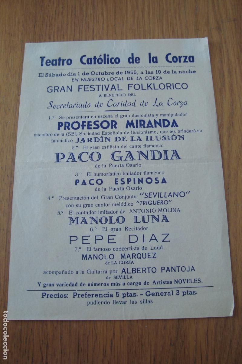 Coleccionismo de carteles: TEATRO LA CORZA 1955. ILUSIONISTA PROFESOR MIRANDA. PACO GANDIA. PACO ESPINOSA.MANOLO MARQUEZ LAUD.