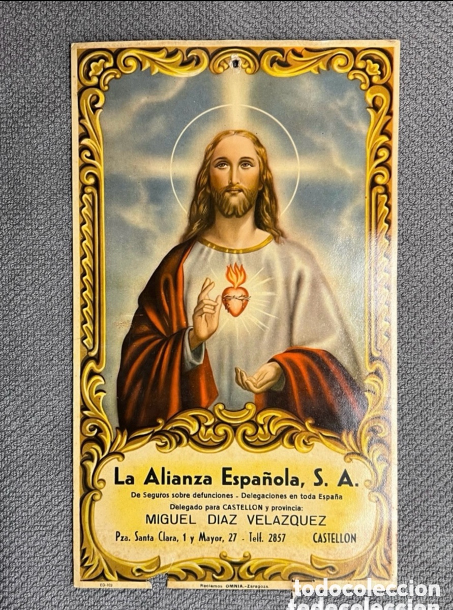 Colecionismo de cartazes: CASTELL&Oacute;N. Seguros La Alianza Espa&ntilde;ola. Seguros de defunci&oacute;n.. Cartel Sagrado Coraz&oacute;n (h.1945?)