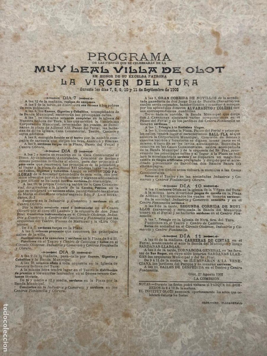 Coleccionismo de carteles: OLOT - PROGRAMA DE FIESTAS VIRGEN DEL TURA- SEPTIEMBRE A&Ntilde;O 1902 - CARTEL PAPEL SEDA - VER FOTOS