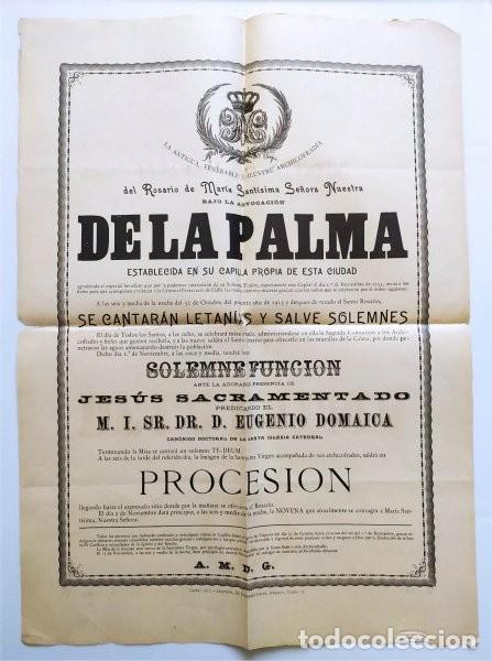 Collectionnisme d'affiches: Cartel de cultos y procesi&oacute;n de la Archicofrad&iacute;a de Ntra. Sra. de la Palma. C&aacute;diz, 1915. Imp. Arjona