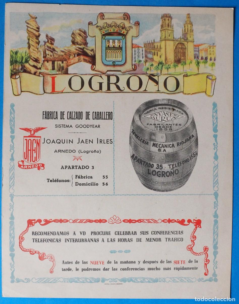 Coleccionismo de carteles: LAMINA PUBLICIDAD LOGRO&Ntilde;O. CON MAPA AL DORSO. A&Ntilde;OS 50. EDITA: MATEU-CROMO-MADRID
