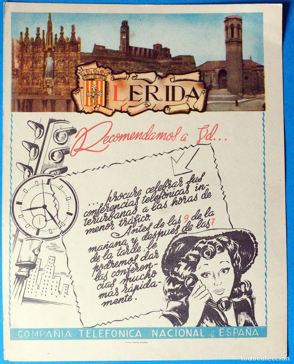 Coleccionismo de carteles: LAMINA PUBLICIDAD LERIDA. CON MAPA AL DORSO. A&Ntilde;OS 50. EDITA: MATEU-CROMO-MADRID
