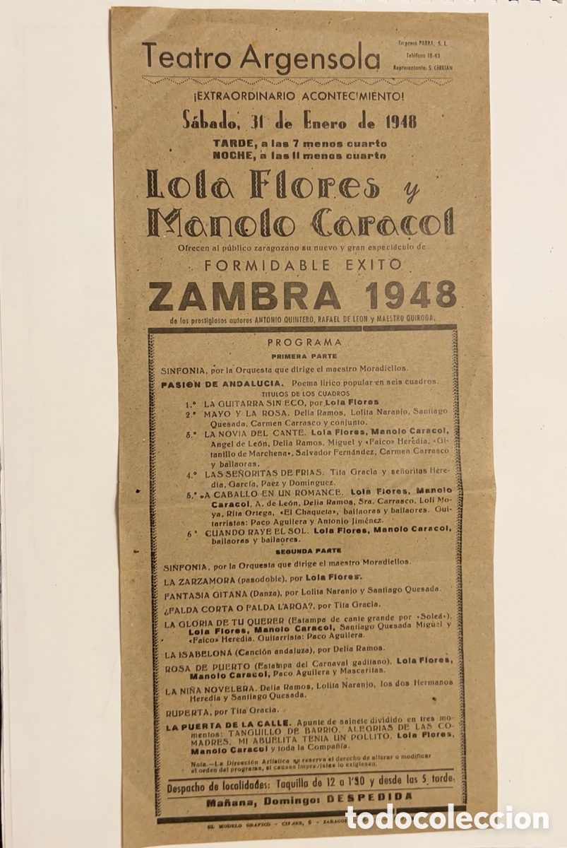 Coleccionismo de carteles: ZARAGOZA. Teatro Argensola. Cartel ZaMBra.. Lola flores y Manolo Caracol (a.1948) Medidas: 14 x 32