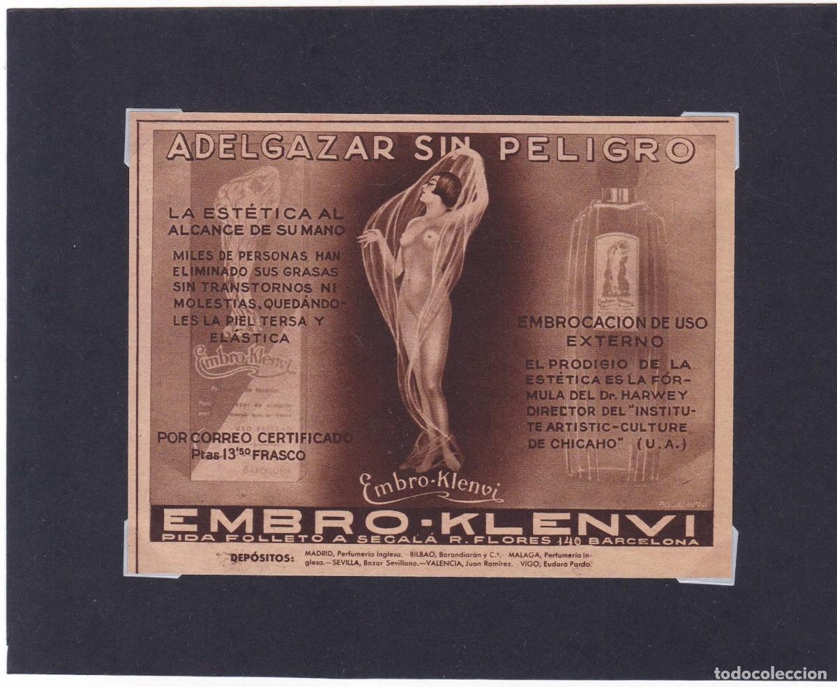 Coleccionismo de carteles: EMBRO-KLENVI - ADELGAZAR SIN PELIGRO - PUBLICIDAD ORIGINAL 1934 / 12 x 9 Cm. CR&Oacute;NICA