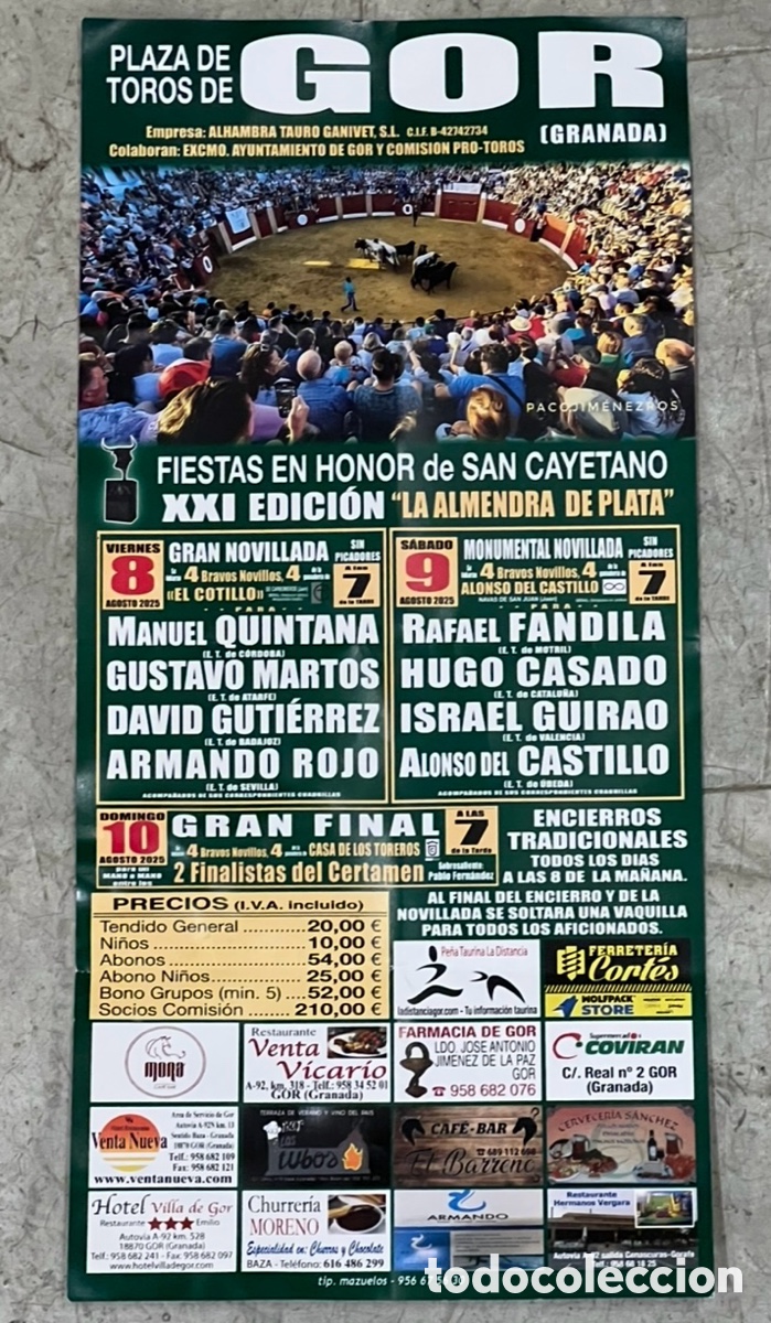 Coleccionismo de carteles: Cartel de Toros peque&ntilde;o. Fiesta en Honor de San Cayetano. Gor. Granada. 2025.