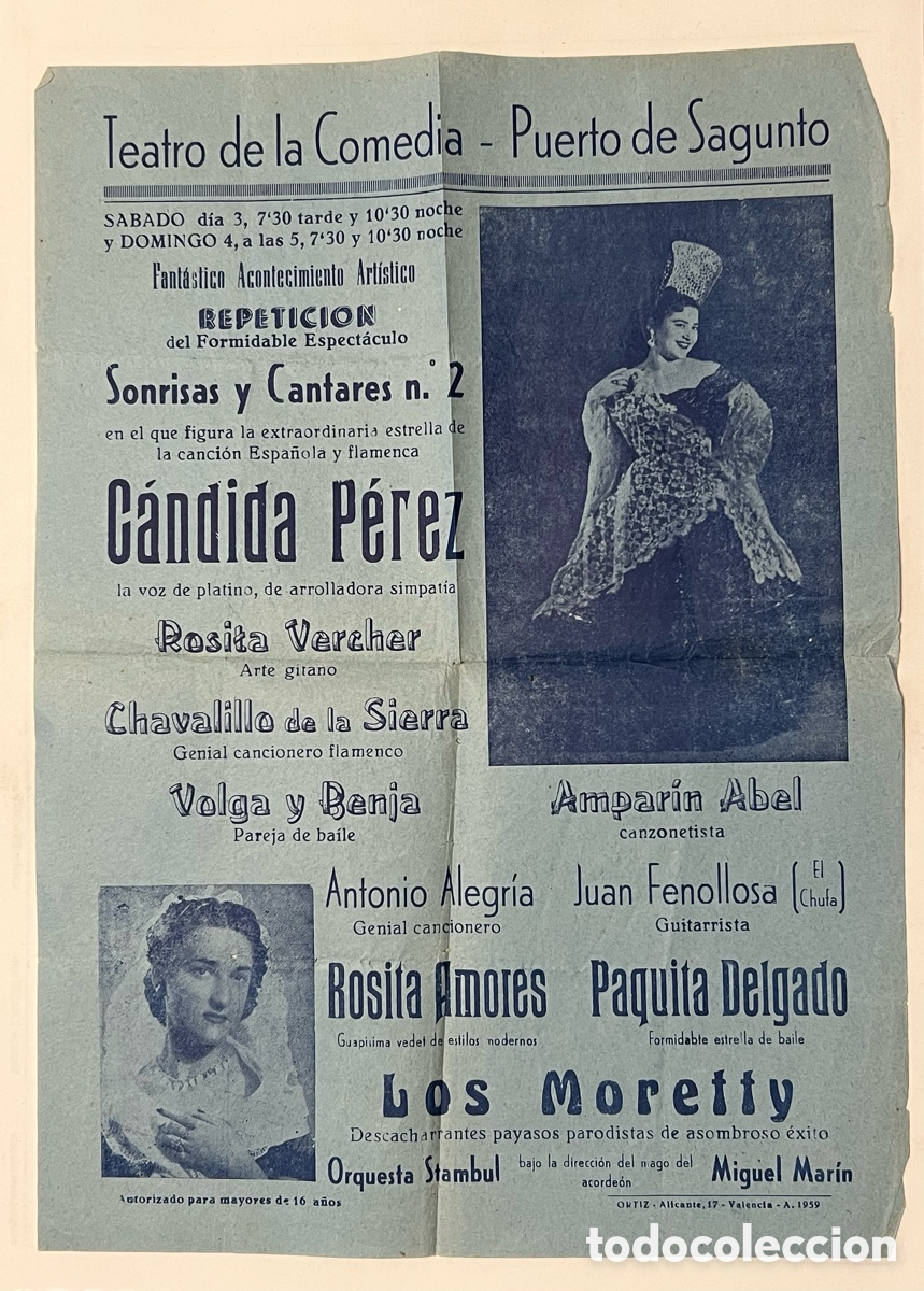 Coleccionismo de carteles: Teatro de la Comedia. Puerto Sagunto. Candida Perez. Estrella de la canci&oacute;n espa&ntilde;ola. Rosita Amores