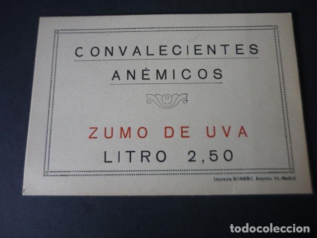 Coleccionismo de carteles: CARTEL ZUMO DE UVA CONVALECIENTES ANEMICOS 2,50 PESETAS EL LITRO 16,5 X 23,5 CM IMP. ROMERO MADRID