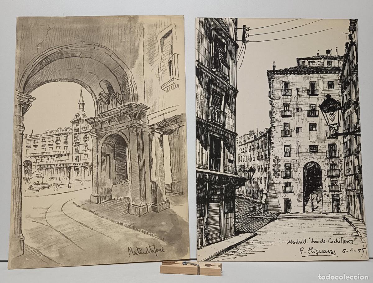 Coleccionismo de carteles: LOTE 2 CARTELES publicidad farmacol&oacute;gica DIBUJOS Plaza Mayor y Arco de Cuchilleros (Madrid)