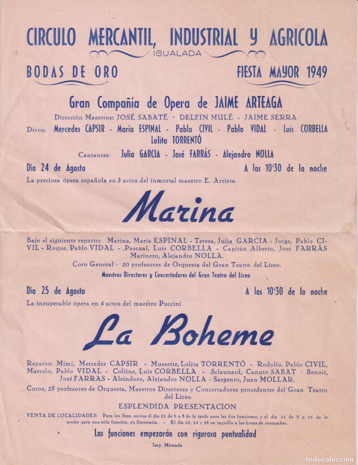 Coleccionismo de carteles: CARTEL CIRCULO MERCANTIL, INDUSTRIAL Y AGRICOLA BODAS DE ORO &ndash; IGUALADA - 1949