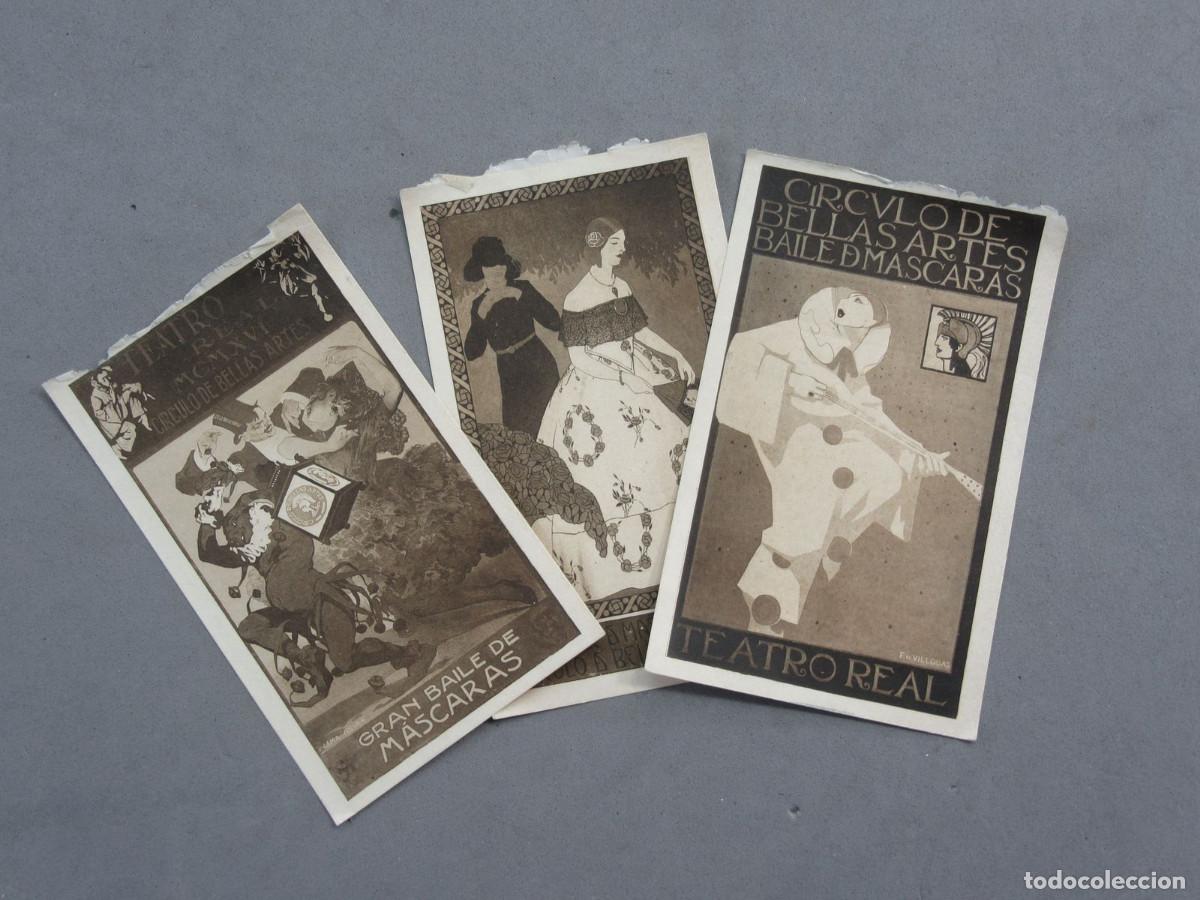 Coleccionismo de carteles: Tres carteles miniatura C&iacute;rculo de Bellas Artes. Baile de M&aacute;scaras. Teatro Real. Madrid 1916.
