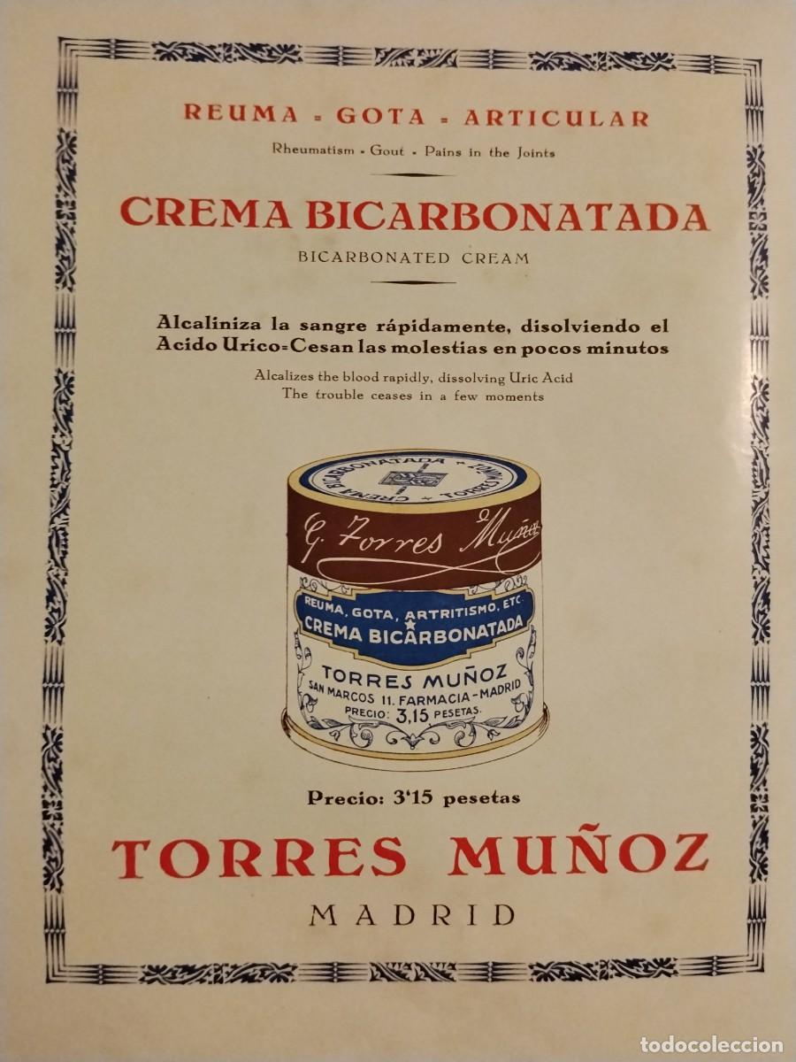 Coleccionismo de carteles: CREMA BICARBONATADA TORRES MU&Ntilde;OZ MADRID REUMA GOTA HOJA REVISTA A&Ntilde;O 1931-1932