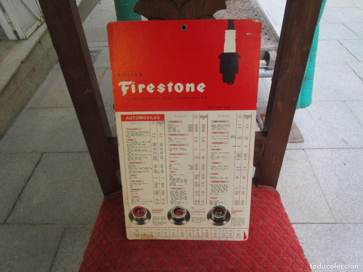 Coleccionismo de carteles: BUJIAS FIRESTONE 1968 - CARTEL CARTON 37X22CM IMPRESO A DOS CARAS USOS MAS CORRIENTES 150GR. +info