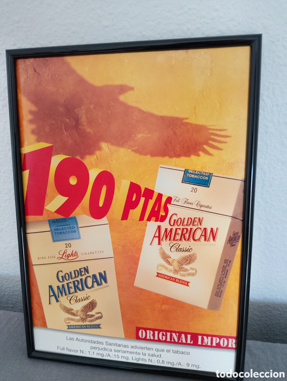 Coleccionismo de carteles: Golden american tabaco cigarros anuncio original vintage a&ntilde;os 90 enmarcado