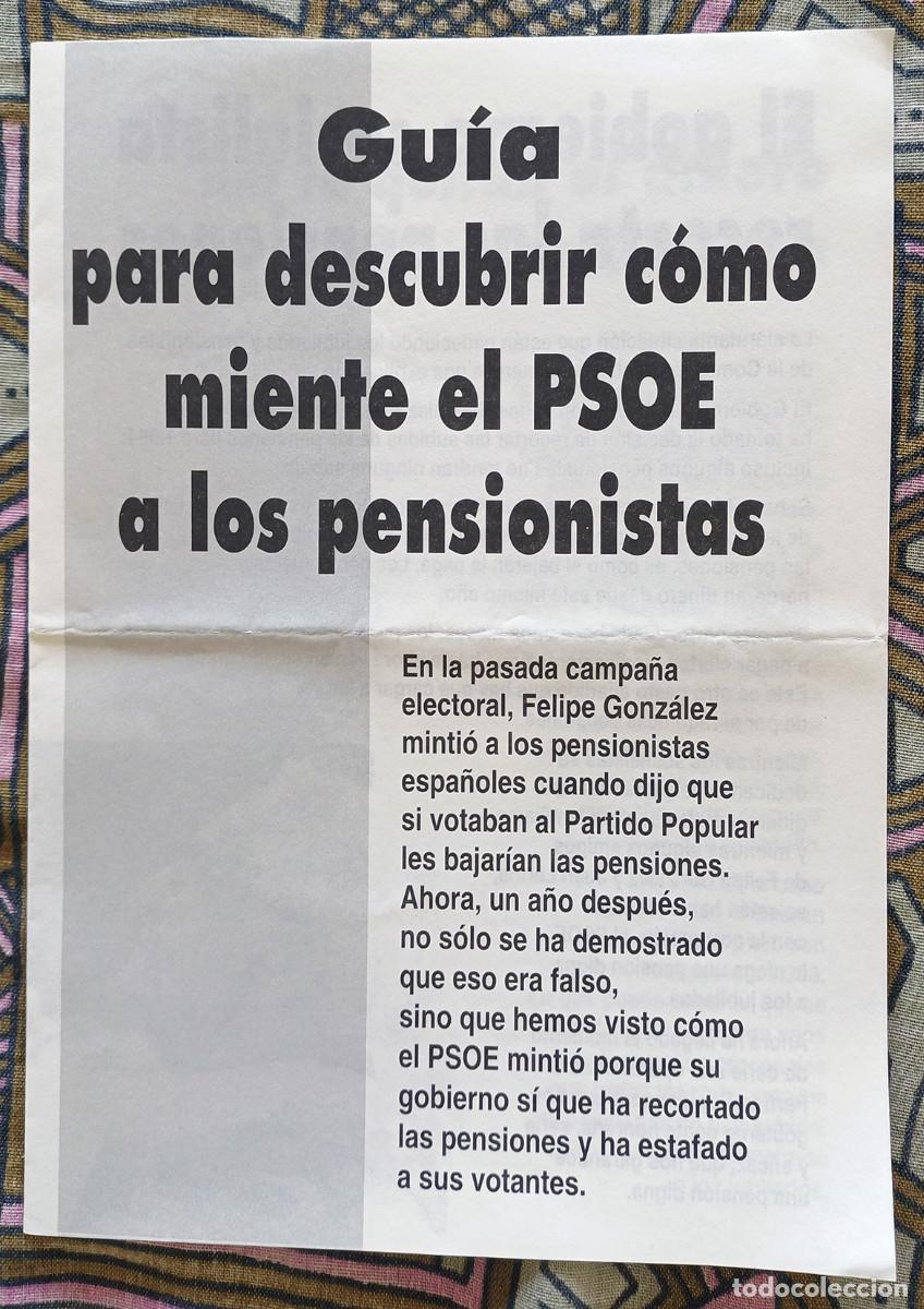 Coleccionismo de carteles: Gu&iacute;a para descibrir c&oacute;mo miente el PSOE a los pensionistas. Publicidad PP 1.994