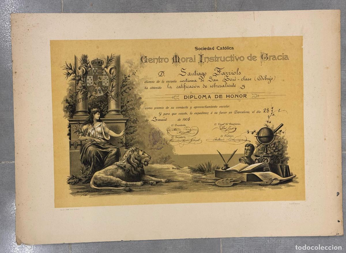 Coleccionismo de carteles: SANTIAGO FARRIOLS - SOCIEDAD CATOLICA CENTRO MORAL INSTRUCTIVO DE GRACIA ,BARCELONA-DIPLOMA A&Ntilde;O 1908