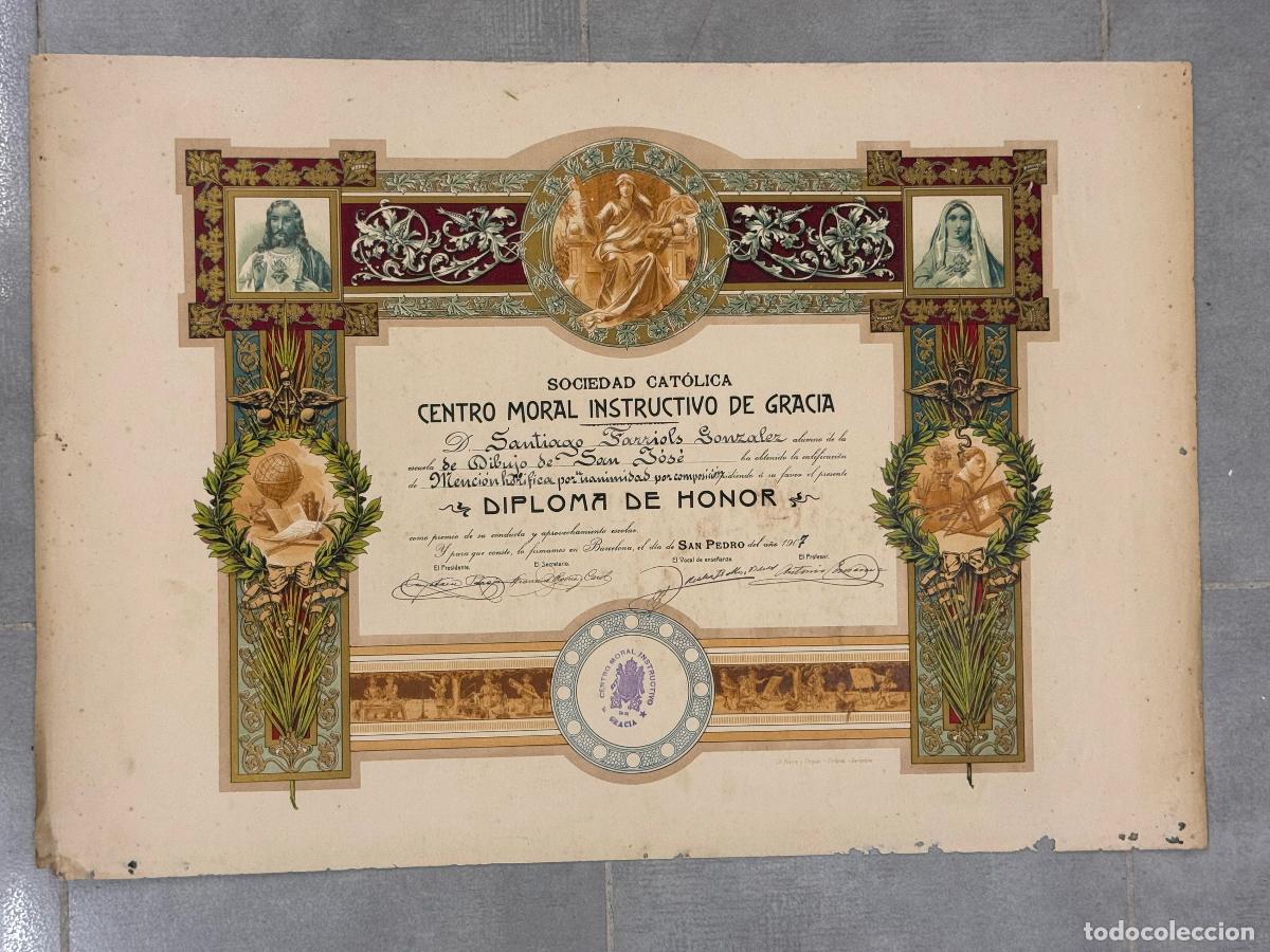 Coleccionismo de carteles: SANTIAGO FARRIOLS - SOCIEDAD CATOLICA CENTRO MORAL INSTRUCTIVO DE GRACIA ,BARCELONA-DIPLOMA A&Ntilde;O 1907