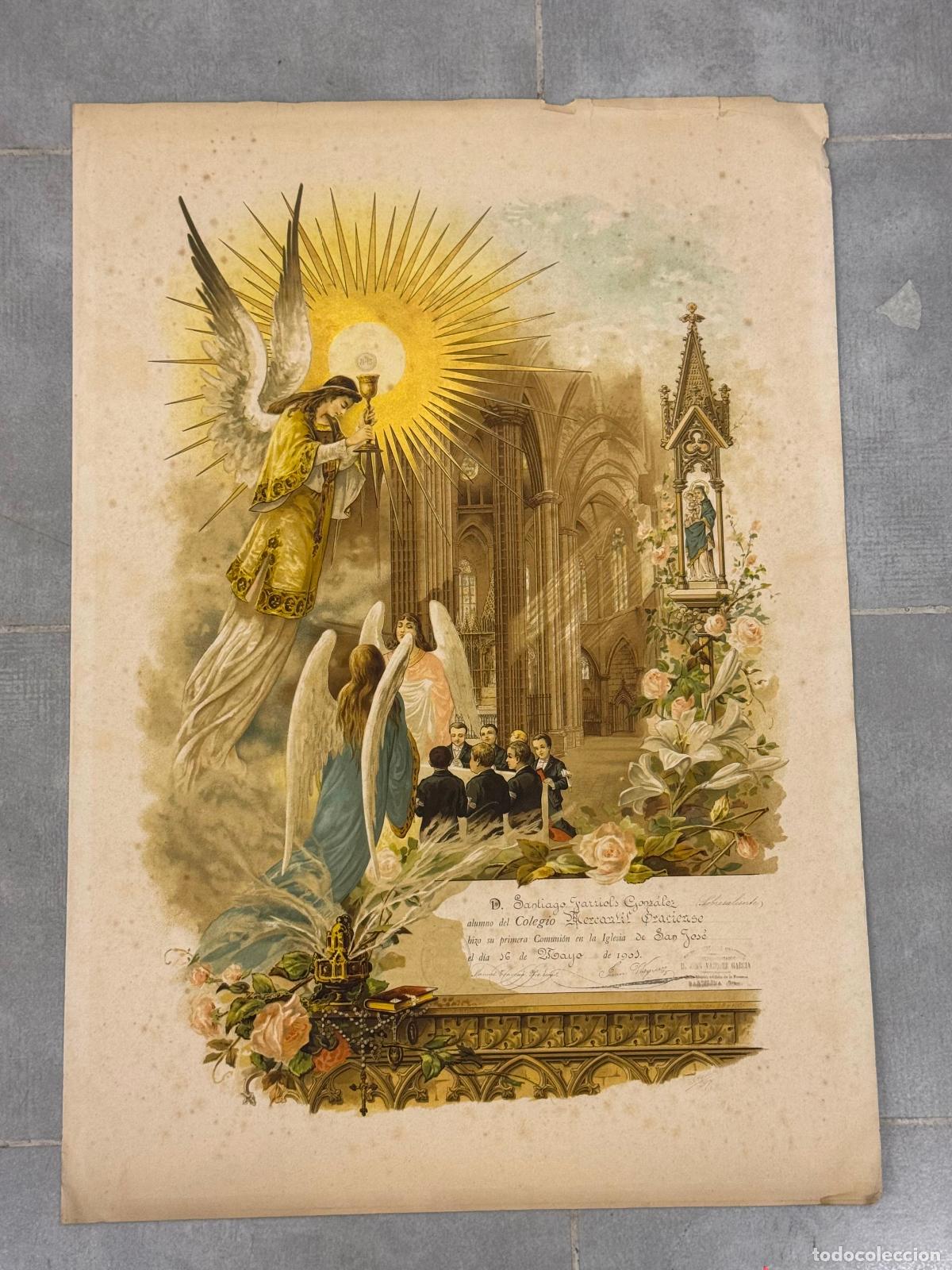 Coleccionismo de carteles: SANTIAGO FARRIOLS - COLEGIO MERCANTIL GRACIENSE (BARCELONA) - PRIMERA COMUNION A&Ntilde;O 1901 -VER FOTOS