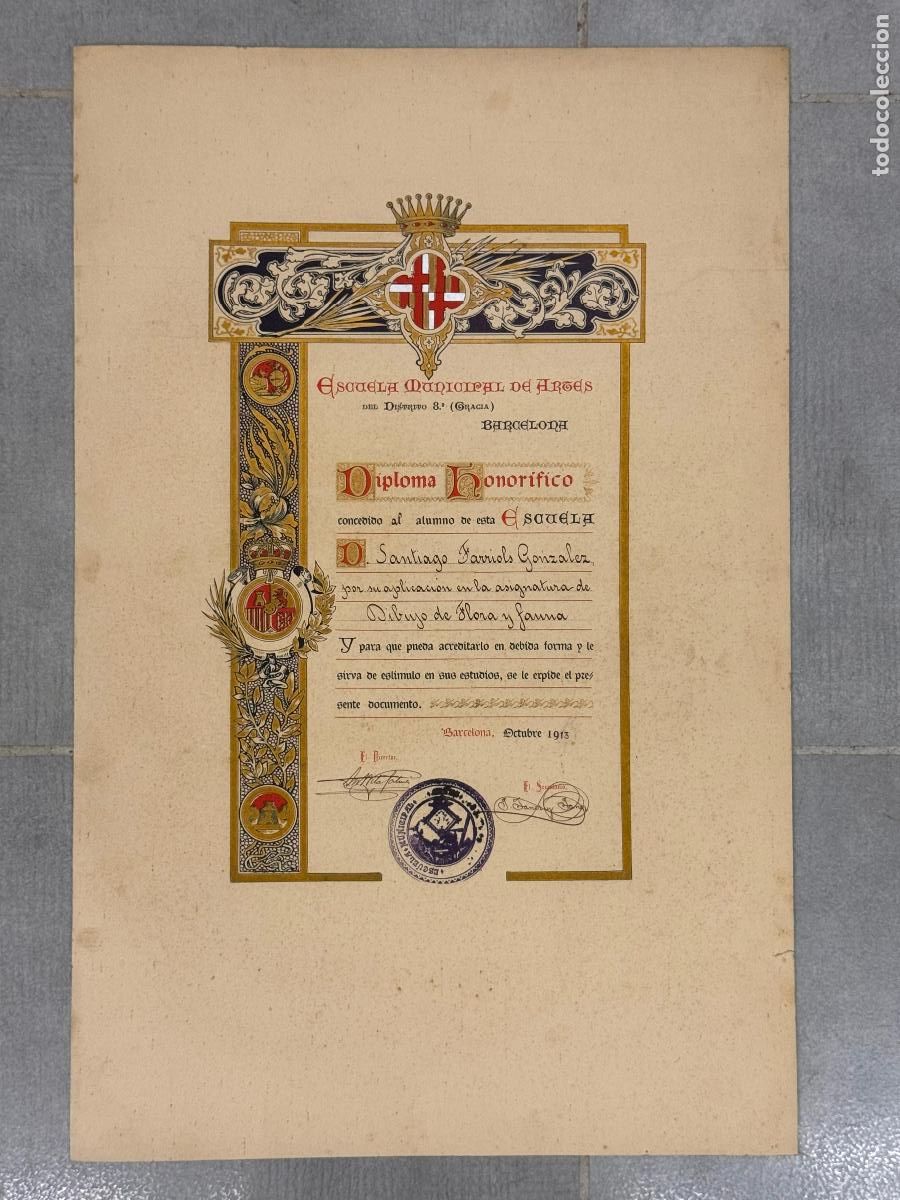 Coleccionismo de carteles: SANTIAGO FARRIOLS - ESCUELA MERCANTIL DE ARTES , GRACIA (BARCELONA) DIPLOMA A&Ntilde;O 1913 -VER FOTOS