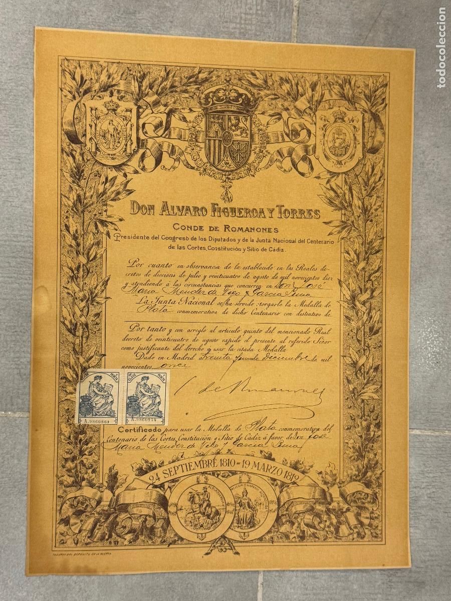 Coleccionismo de carteles: DON ALVARO FIGUEROA Y TORRES CONDE DE ROMANONES - A&Ntilde;O 1911 - MEDALLA DE PLATA CERTIFICADO -VER FOTOS