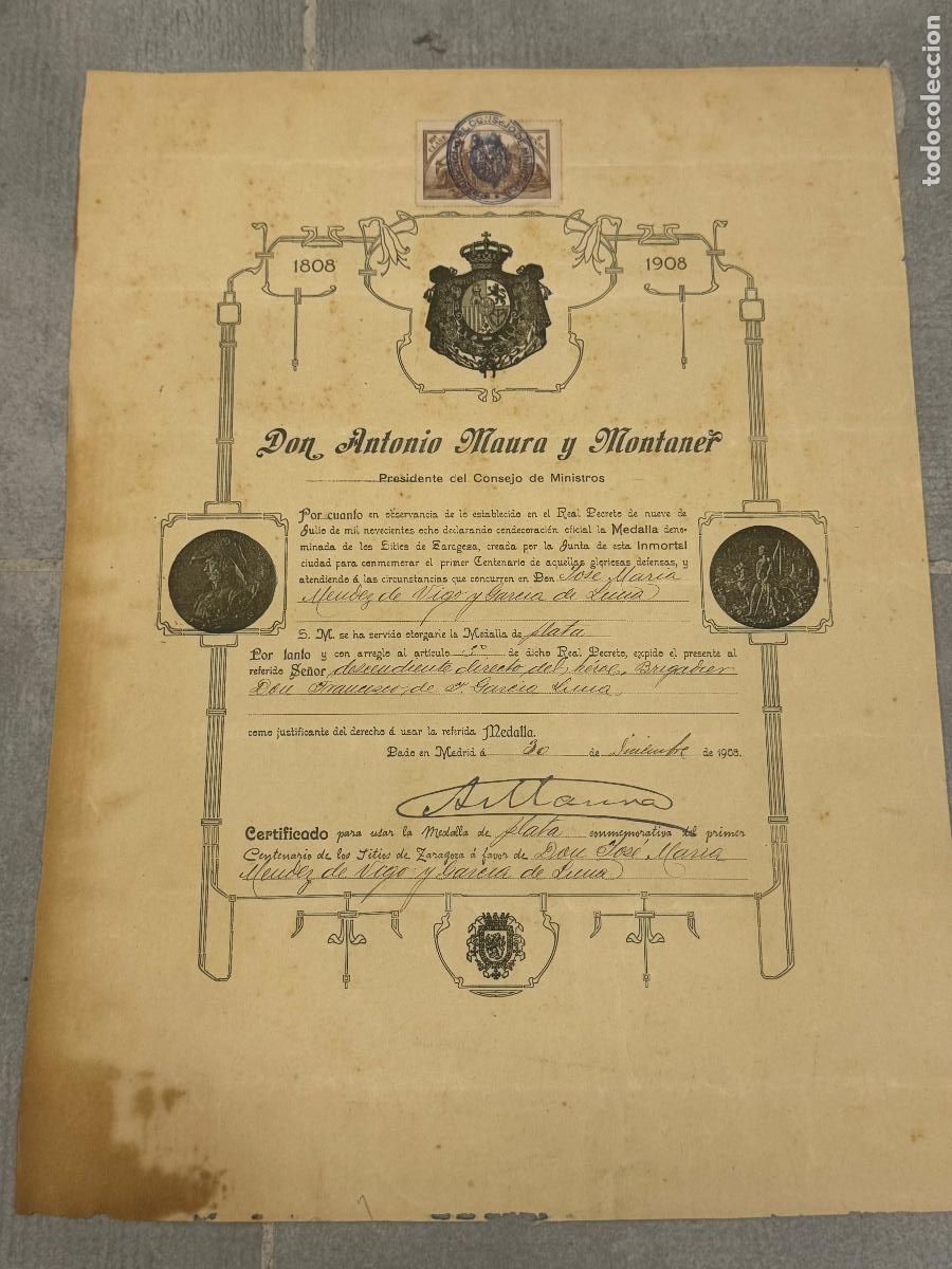 Poster collecting: DON ANTONIO MAURA Y MONTANER PRESIDENTE CONSEJO MINISTROS - CERTIFICADO MEDALLA DE PLATA - A&Ntilde;O 1908