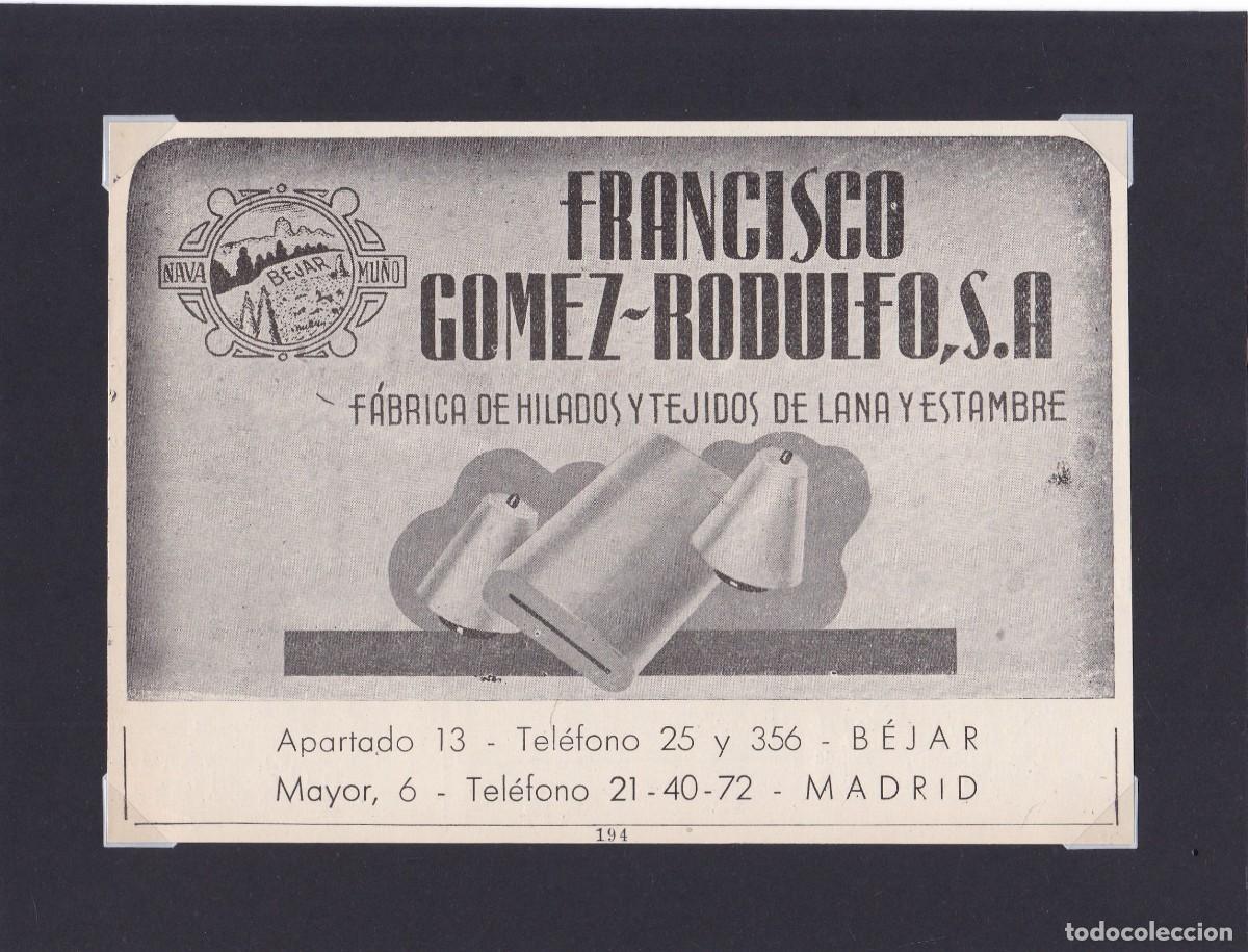 Coleccionismo de carteles: FRANCISCO GOMEZ-RODULFO, S. A. - HILADOS Y TEJIDOS - B&Eacute;JAR - PUBLI. ORIGINAL 1950 / ANUARIO TEXTIL