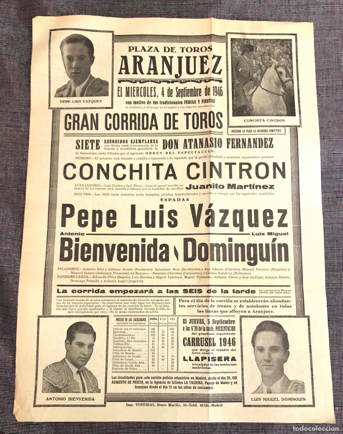 Sammeln von Plakaten: CARTEL PLAZA DE TOROS ARANJUEZ. 4 DE SEPTIEMBRE DE 1946. CONCHITA CINTRON PEPE LUIS VAZQUEZ