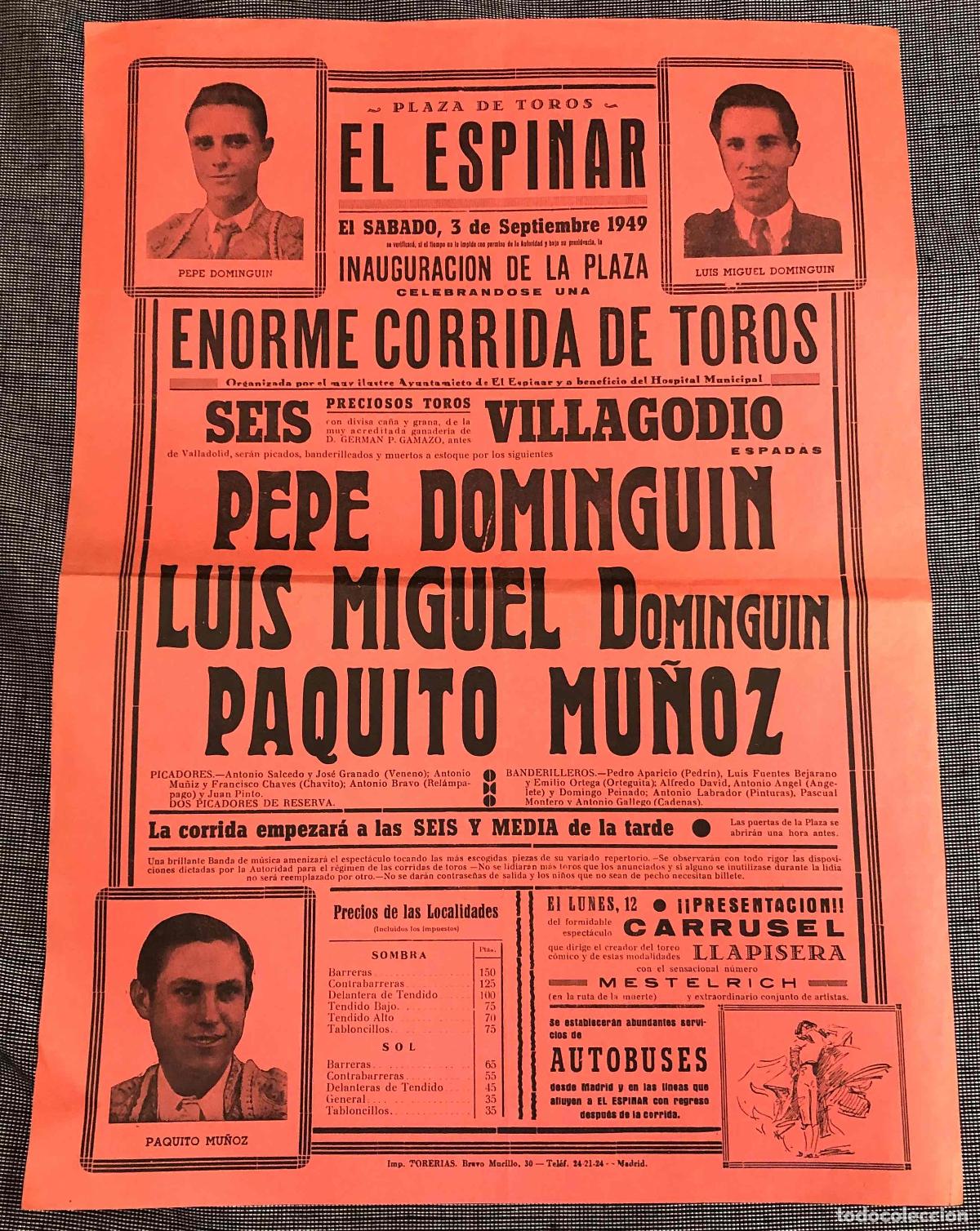 Coleccionismo de carteles: CARTEL PLAZA DE TOROS EL ESPINAR. SEGOVIA. 3 DE SEPTIEMBRE DE 1949.