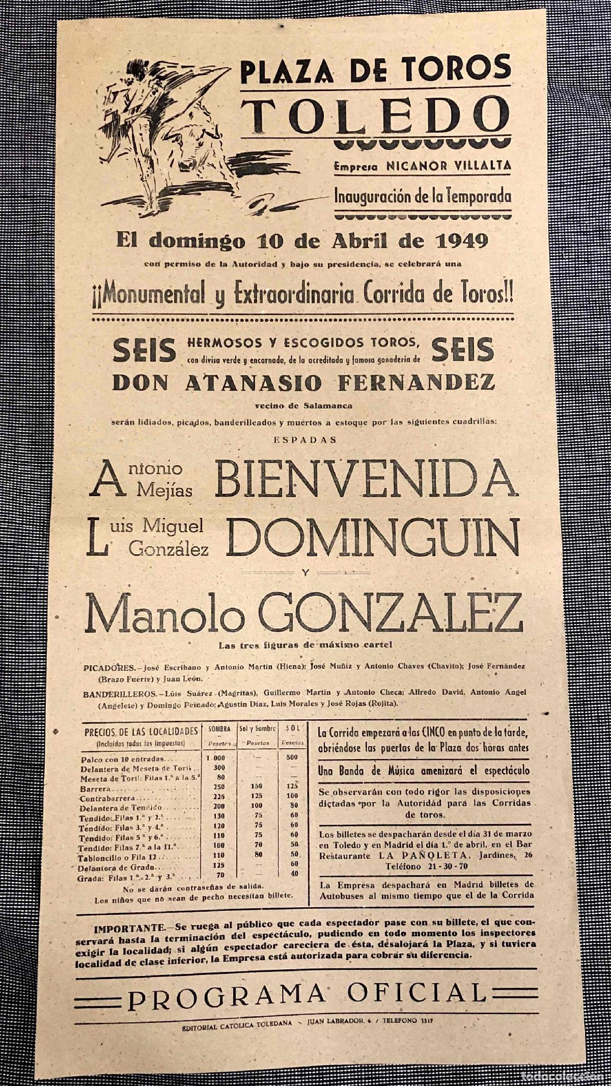 Collectionnisme d'affiches: CARTEL PLAZA DE TOROS TOLEDO. 10 DE ABRIL DE 1949. BIENVENIDA, DOMINGUIN, MANOLO GONZALEZ