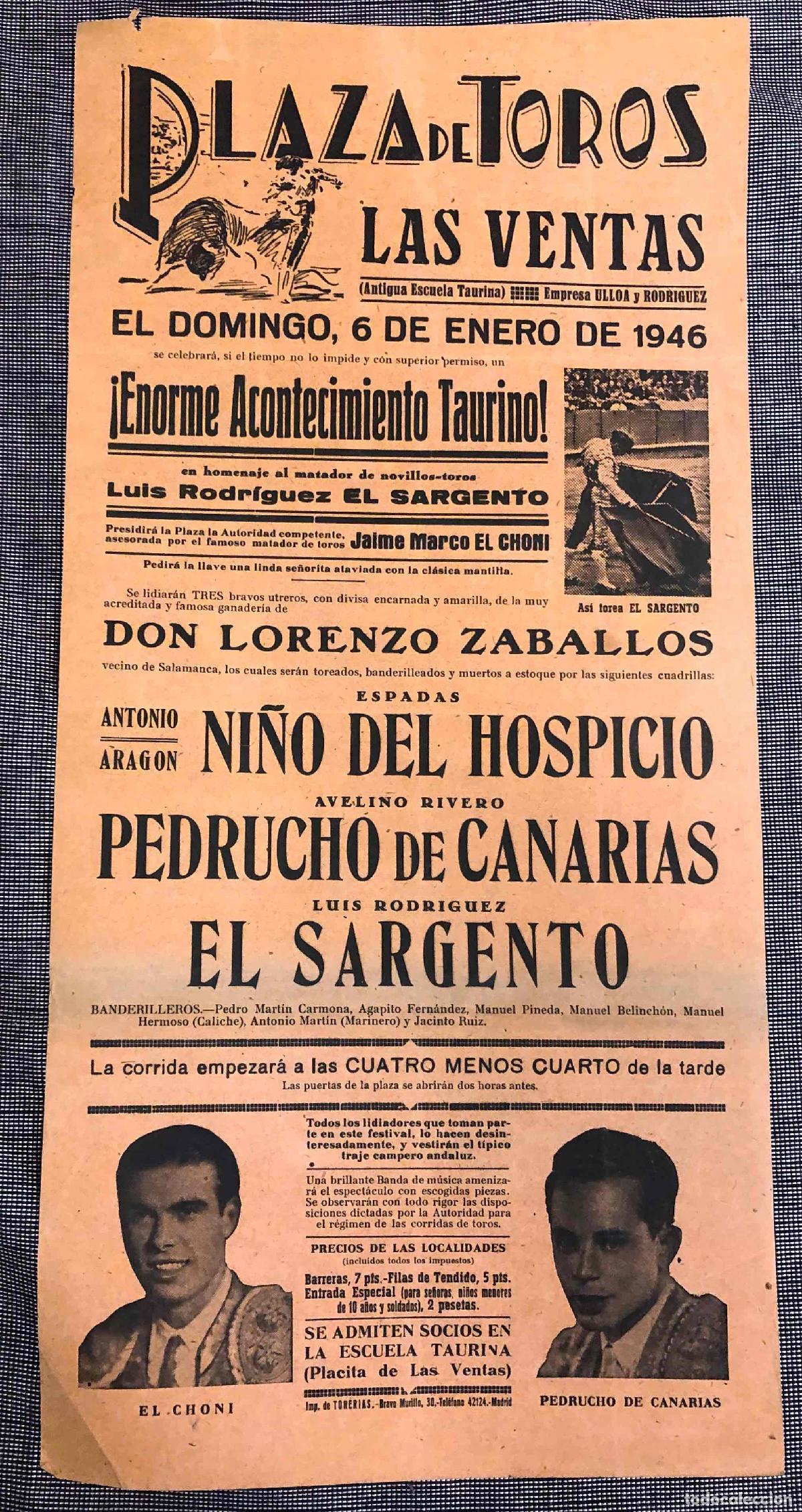 Coleccionismo de carteles: CARTEL PLAZA DE TOROS LAS VENTAS. 6 DE ENERO DE 1946.