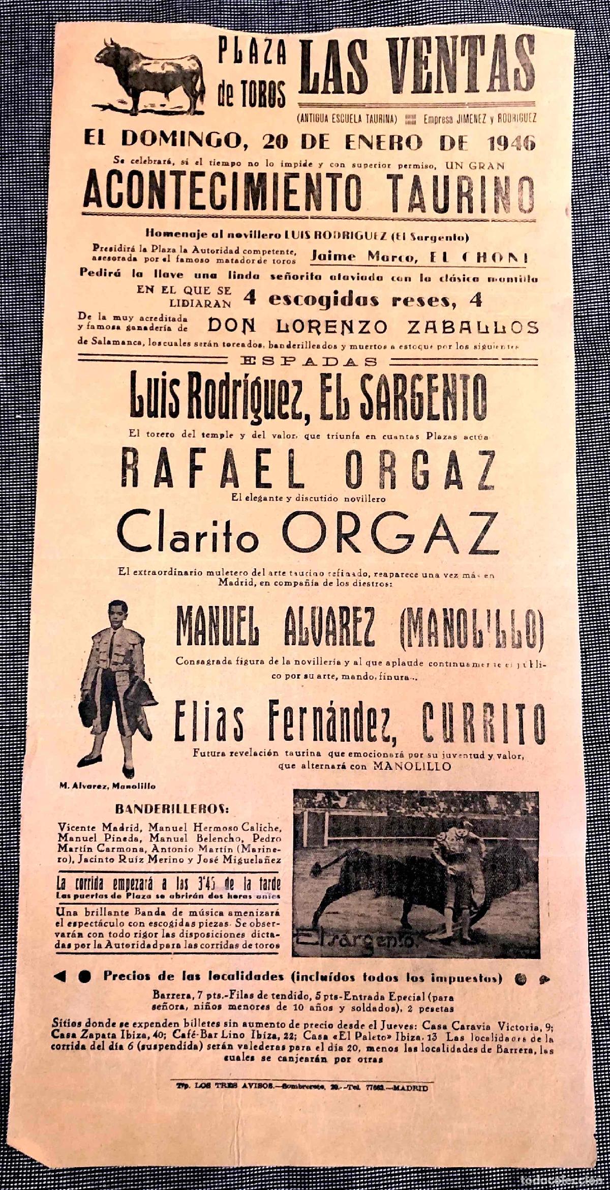 Coleccionismo de carteles: CARTEL PLAZA DE TOROS LAS VENTAS. 20 DE ENERO DE 1946.