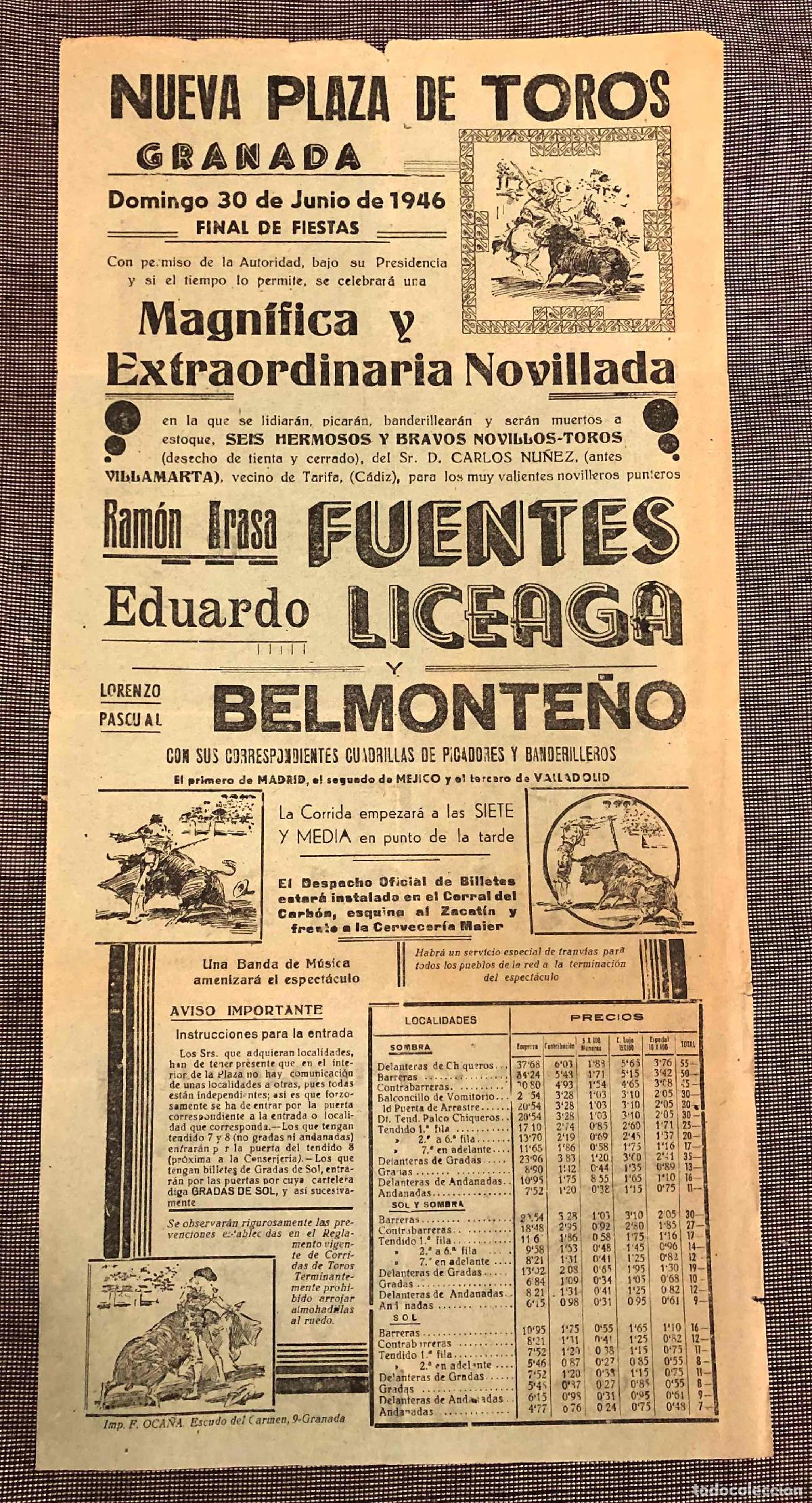 Coleccionismo de carteles: CARTEL PLAZA DE TOROS GRANADA. 30 DE JUNIO DE 1946. FUENTES, LICEAGA Y BELMONTE&Ntilde;O