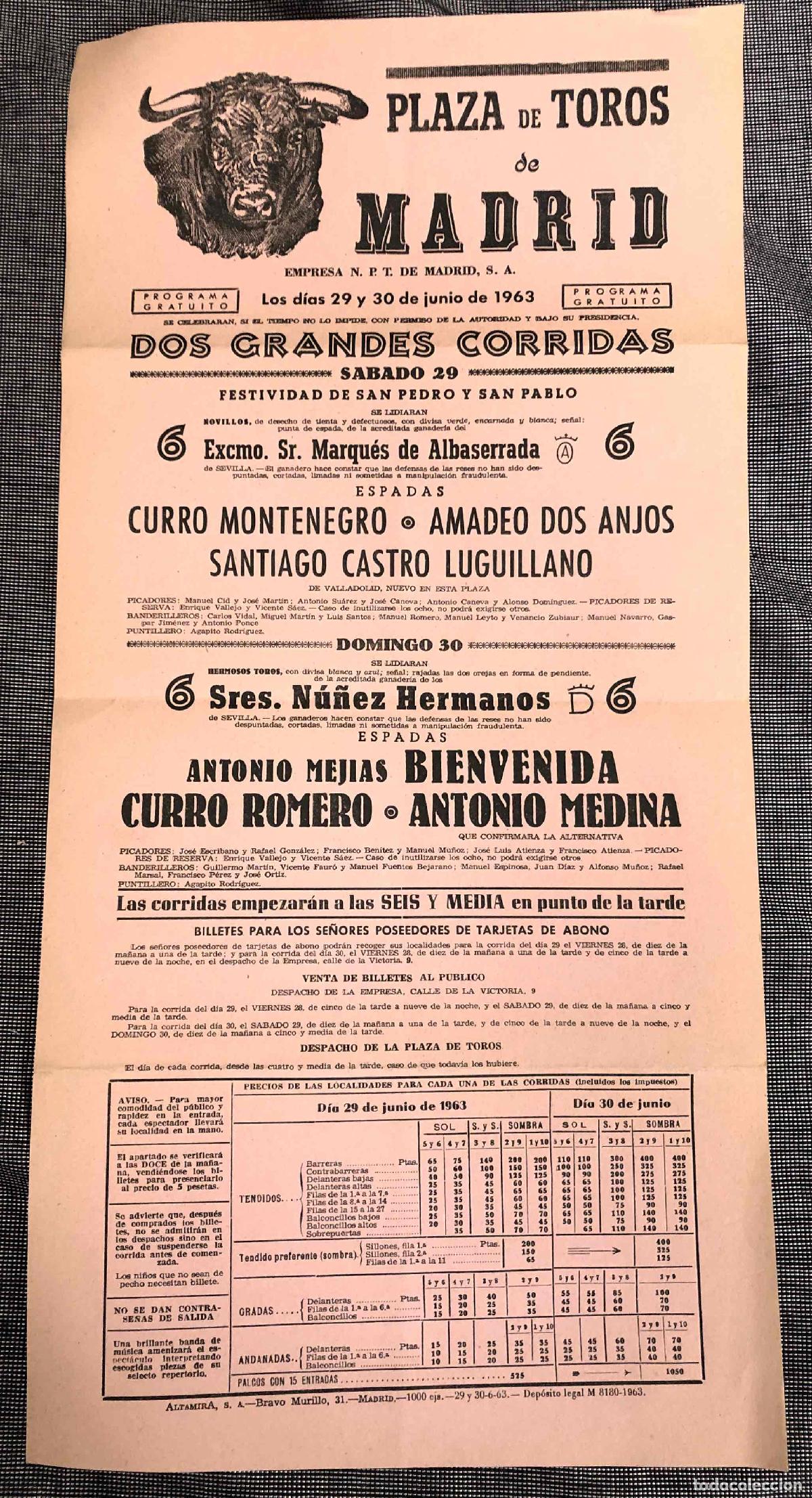 Coleccionismo de carteles: CARTEL PLAZA DE TOROS DE MADRID. 29 Y 30 DE JUNIO DE 1963 BIENVENIDA, CURRO ROMERO Y ANTONIO MEDINA