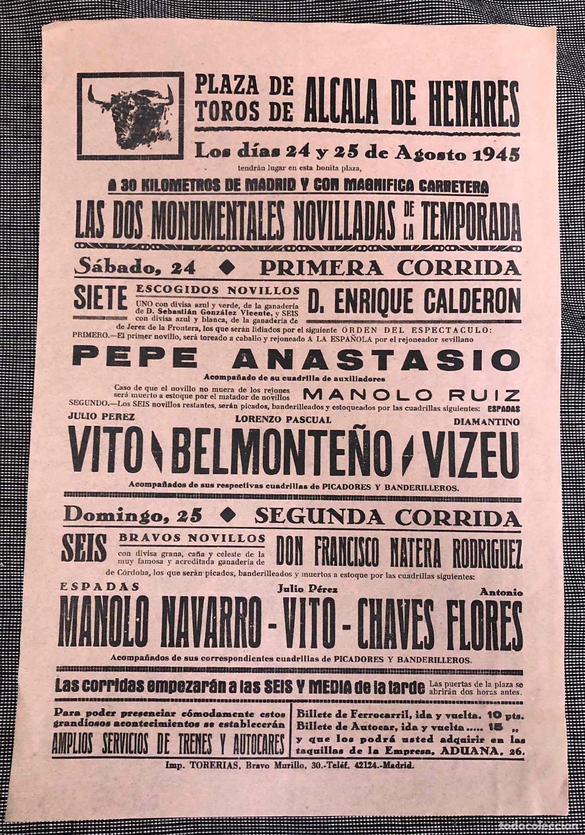 Coleccionismo de carteles: CARTEL PLAZA DE TOROS DE ALCALA DE HENARES. 24 Y 25 DE AGOSTO DE 1945