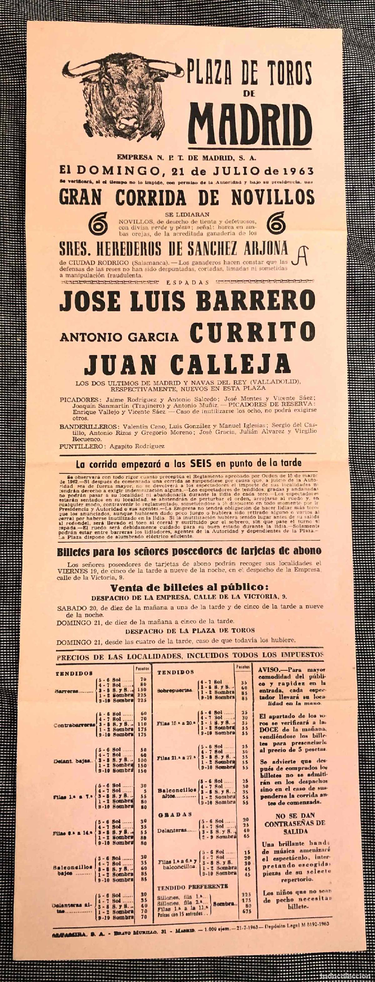 Coleccionismo de carteles: CARTEL PLAZA DE TOROS DE MADRID. 21 DE JULIO DE 1963. JOSE LUIS BARRERO, CURRITO Y JUAN CALLEJA