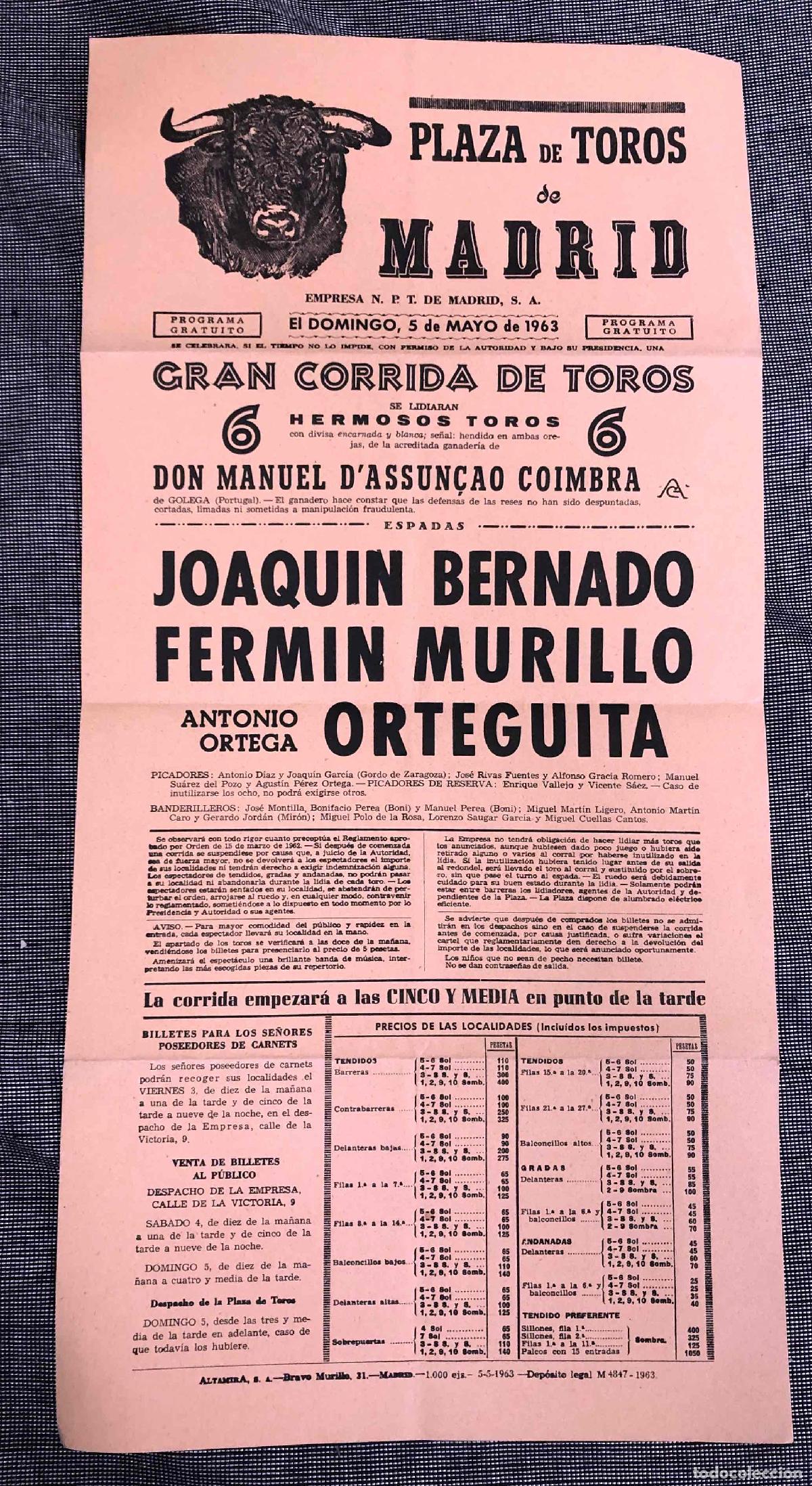 Coleccionismo de carteles: CARTEL PLAZA DE TOROS DE MADRID. 5 DE MAYO DE 1963. JOAQUIN BERNADO, FERMIN MURILLO, ORTEGUITA