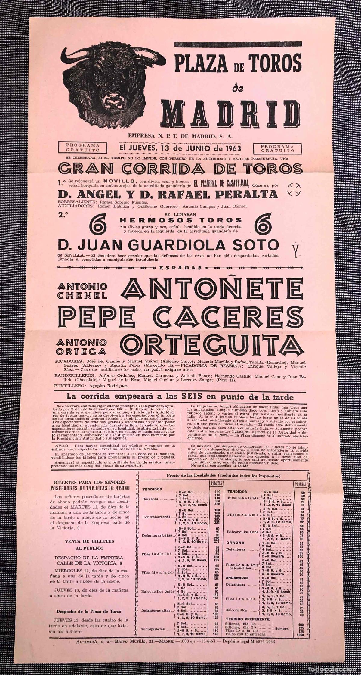 Coleccionismo de carteles: CARTEL PLAZA DE TOROS DE MADRID. 13 DE JUNIO DE 1963. ANTO&Ntilde;ETE, PEPE CACERES Y ORTEGUITA