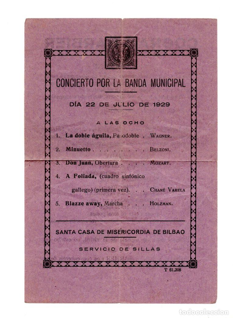 Coleccionismo de carteles: PROGRAMA DE MANO ANTIGUO DE UN CONCIERTO DE LA BANDA MUNICIPAL DE BILBAO, FECHADO EL 22 JULIO 1929