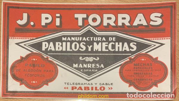 Coleccionismo de carteles: FABRICA DE TORCIDOS DE ALGODON J.PI TORRAS PABILO CATALAN MECHAS MANRESA HOJA A&Ntilde;O 1920 - TELEGRAMA