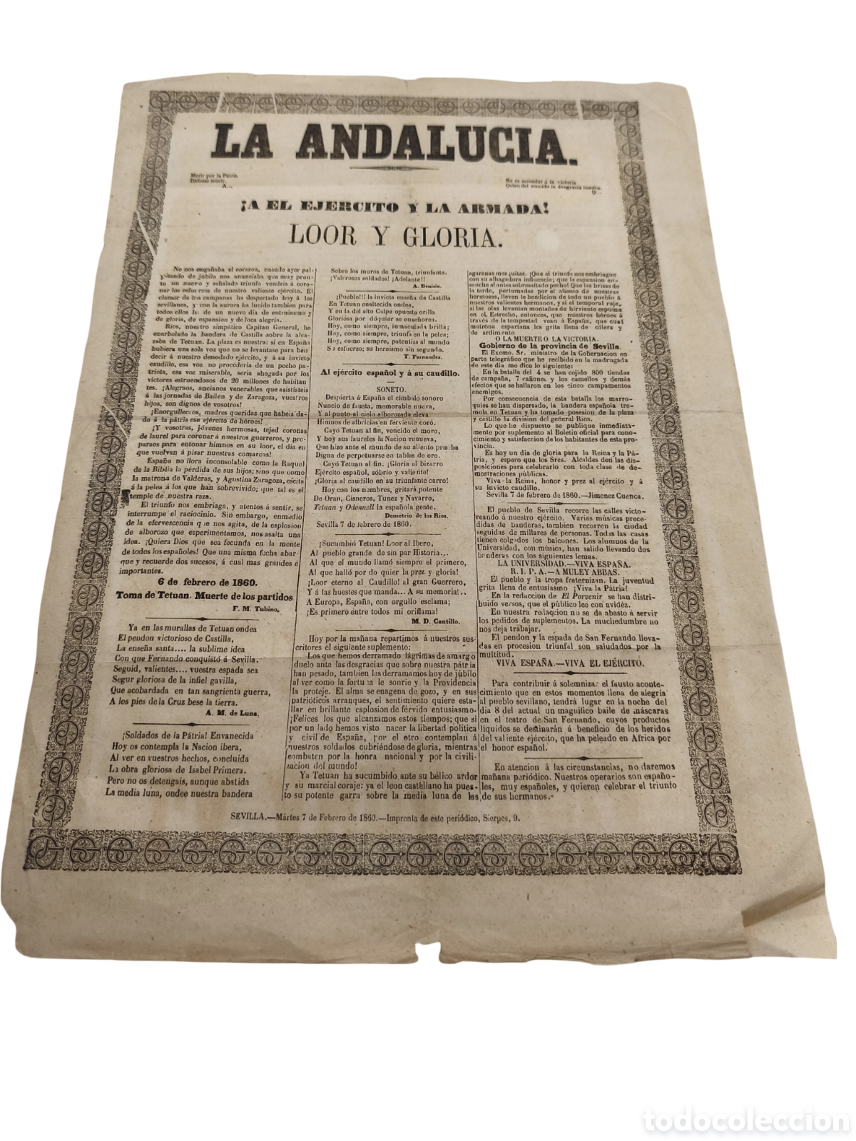 Coleccionismo de carteles: Raro Cartel Bando 1860. &iexcl;Toma De Tetu&aacute;n! Guerra De &Aacute;frica - Diario La Andaluc&iacute;a, Sevilla - Poemas E