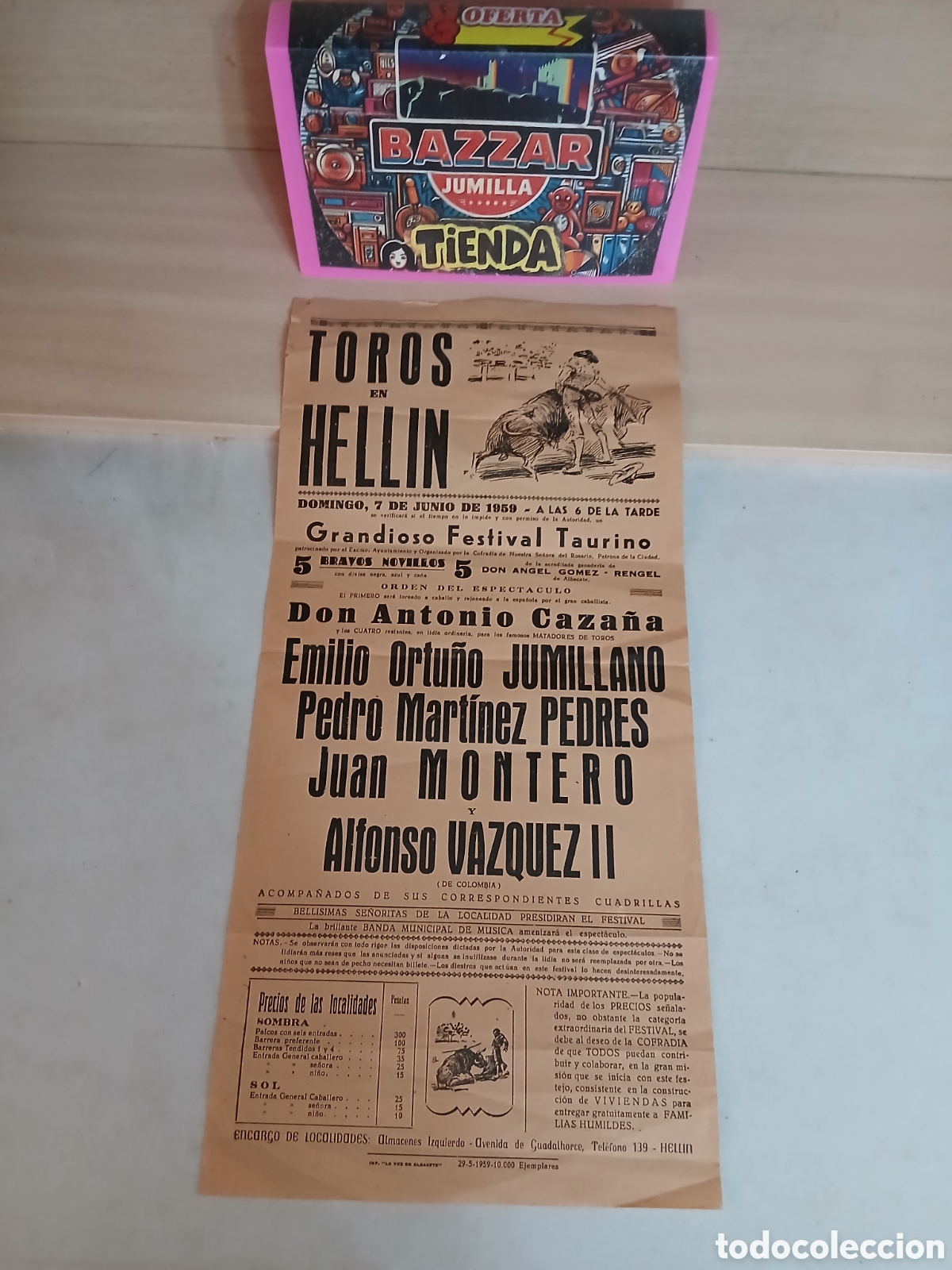 Coleccionismo de carteles: Cartel toros hellin a&ntilde;o 1.959.