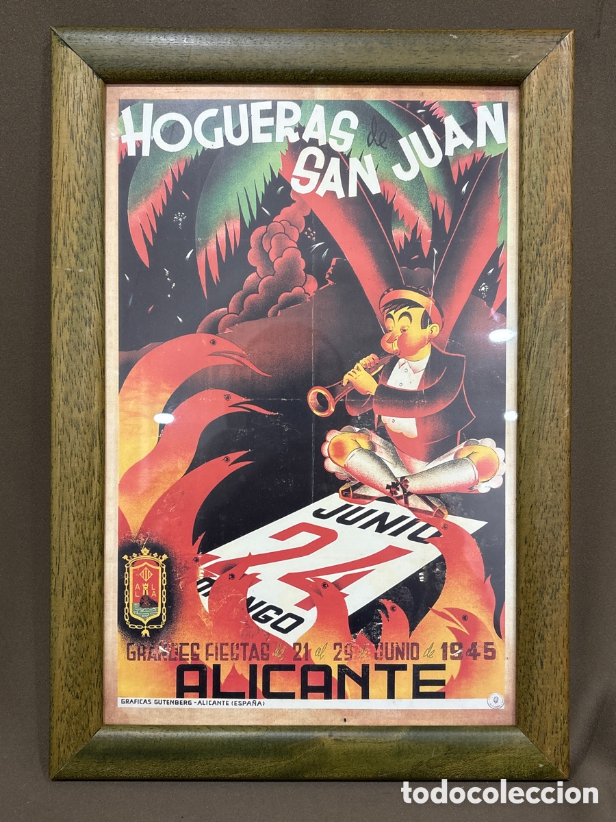 Coleccionismo de carteles: Antiguo cartel HOGUERAS SAN JUAN,grandes fiestas 1945,gr&aacute;ficas gutenberg(ALICANTE),29,5x19cm