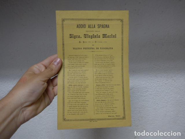 Poster collecting: Antiguo programa teatro principal de Barcelona 1880, addio alla spagna, italia. Italiano