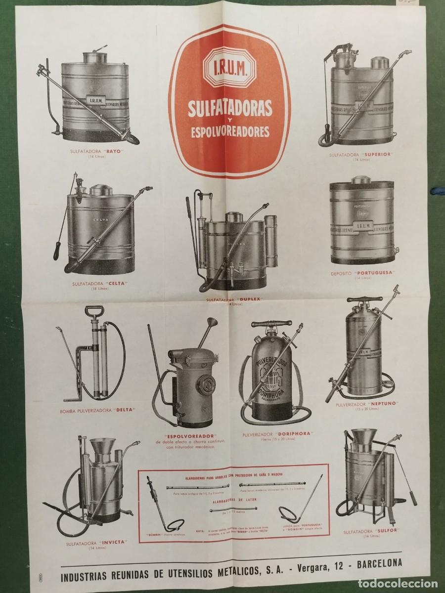 Coleccionismo de carteles: CARTEL PUBLICIDAD IRUM SULFATADORAS Y ESPOLVOREADORAS CALLE VERGARA BARCELONA