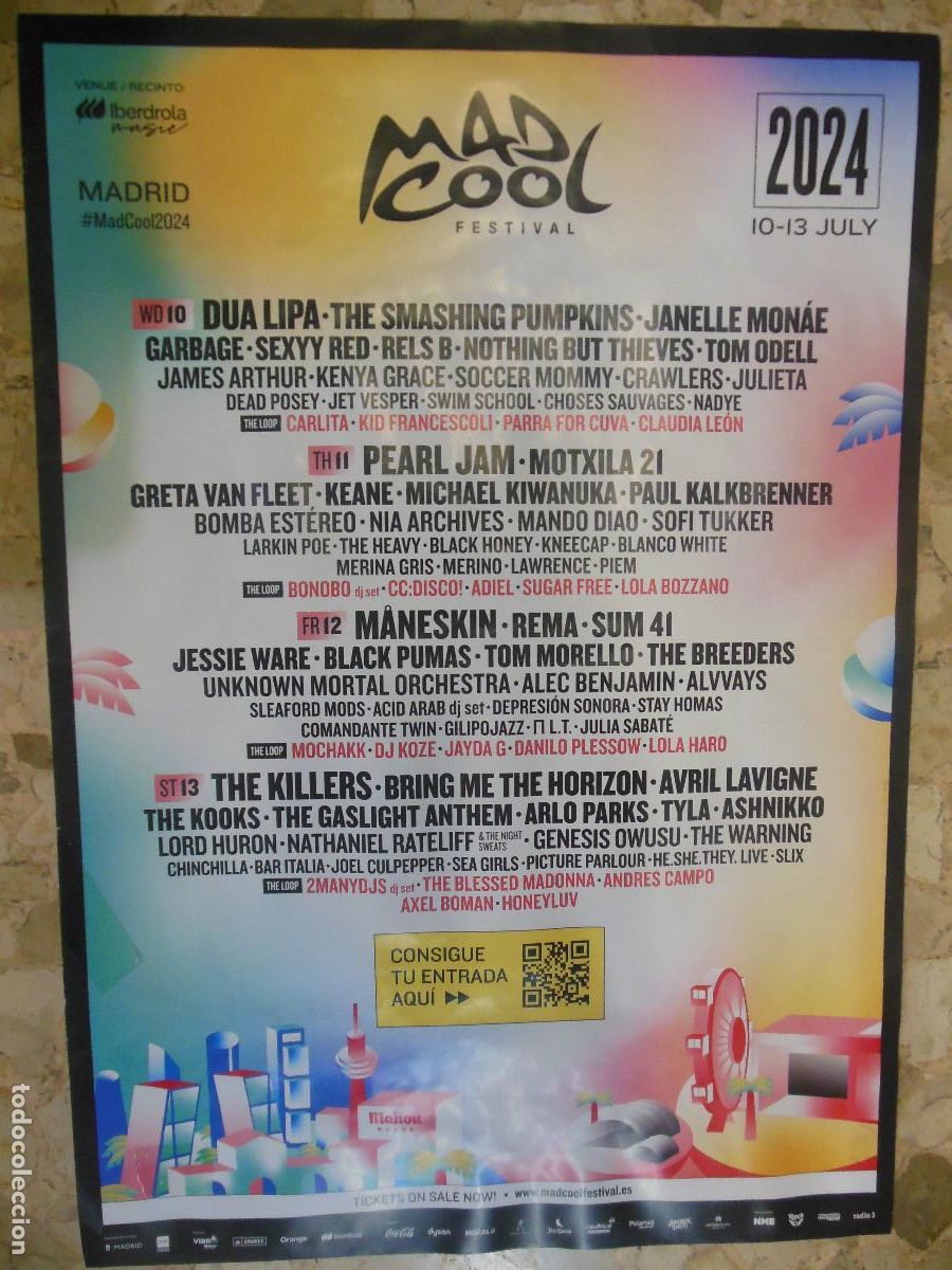 Coleccionismo de carteles: CARTEL MAD COOL DUA LIPA PEARL JAM MANESKIN THE KILLERS POSTER 2024 MADRID MUSICA