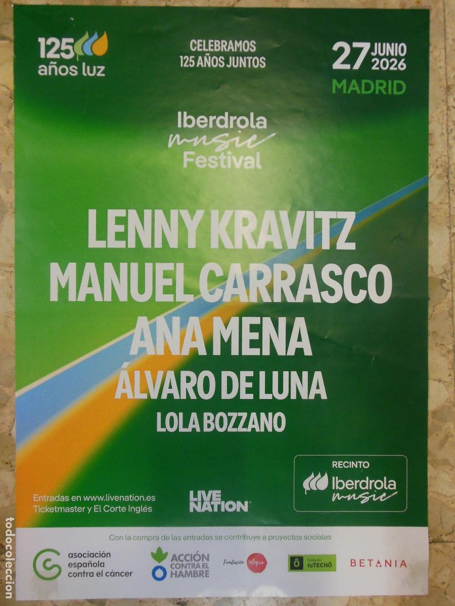 Coleccionismo de carteles: CARTEL LENNY KRAVITZ MANUEL CARRASCO ANA MENA ALVARO DE LUNA LOLA BOZZANO POSTER MUSICA IBERDROLA
