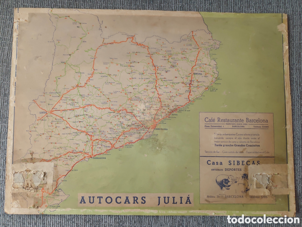 Coleccionismo de carteles: FRAGMENTO CARTEL AUTOCARS JULIA CON MAPA DE CATALU&Ntilde;A. VER FOTOGRAF&Iacute;AS. MUY RARO. OPORTUNIDAD.